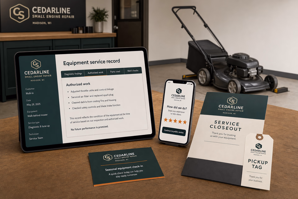 Cedarline Small Engine Repair retention system showing the customer journey and the team's next action