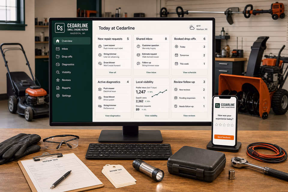 Cedarline Small Engine Repair operations dashboard with current leads, scheduling, service activity, local visibility, and customer reviews