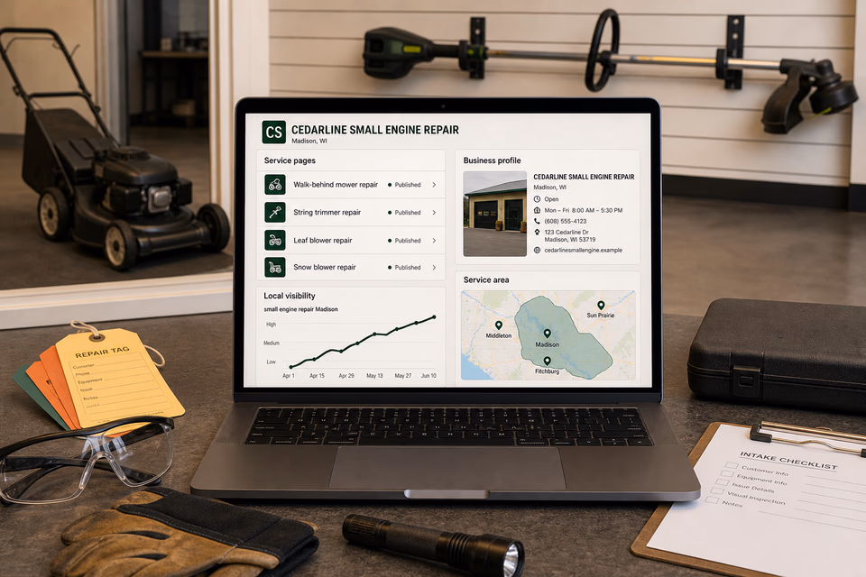 Cedarline Small Engine Repair visibility system showing the customer journey and the team's next action