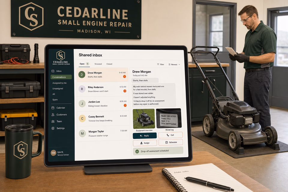 Cedarline Small Engine Repair response system showing the customer journey and the team's next action