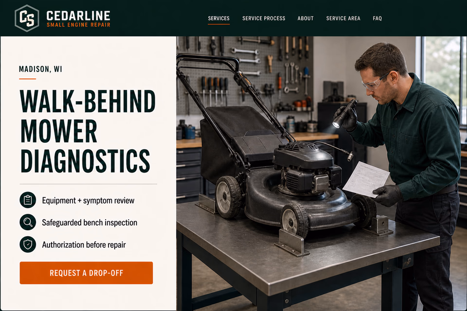 Cedarline Small Engine Repair customer-facing service page with clear local service details, proof, and a direct request path