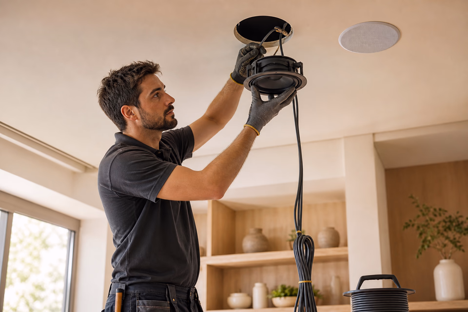 Audiovisual installer connecting cable to a round in-ceiling speaker in a living room