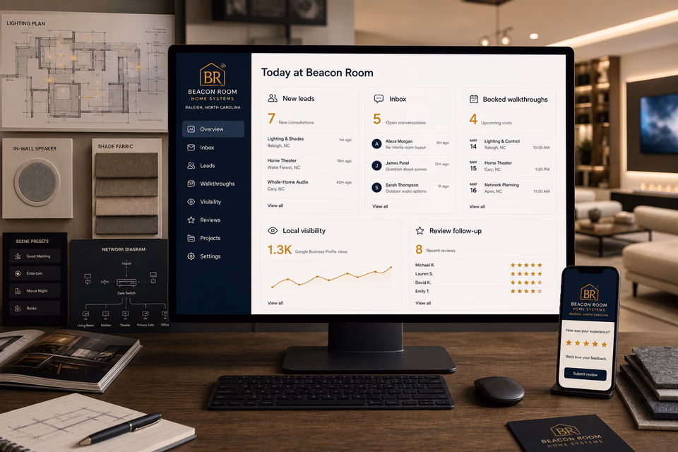 Beacon Room Home Systems operations dashboard with current leads, scheduling, service activity, local visibility, and customer reviews