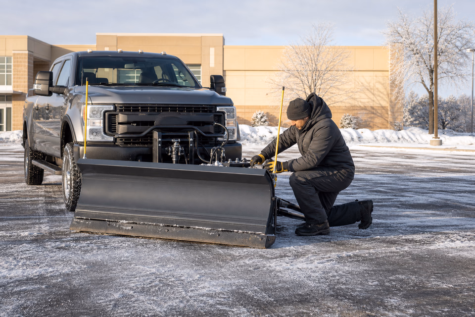 Snow-removal operator fastening a hydraulic connection on a charcoal plow in a cleared parking lot