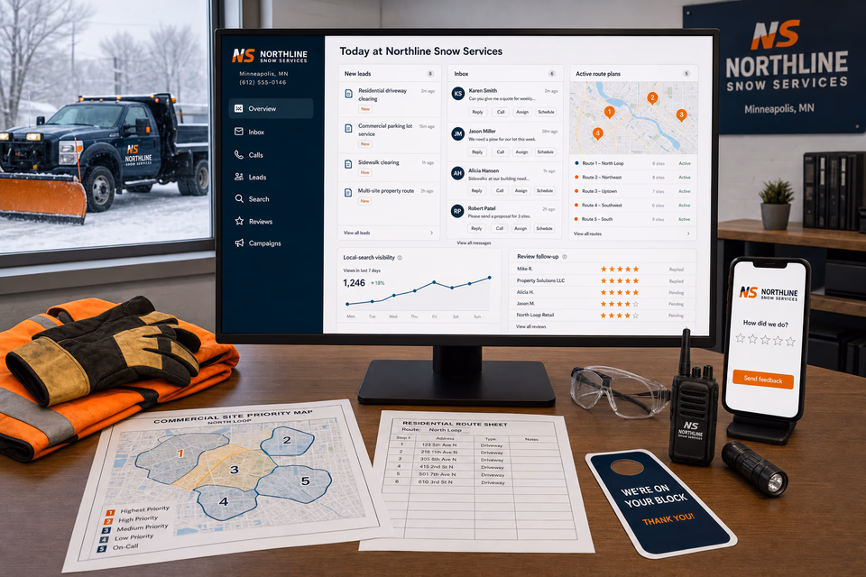 Northline Snow Services operations dashboard with current leads, scheduling, service activity, local visibility, and customer reviews