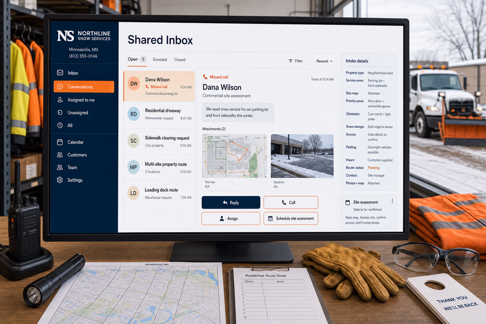 Northline Snow Services response system showing the customer journey and the team's next action