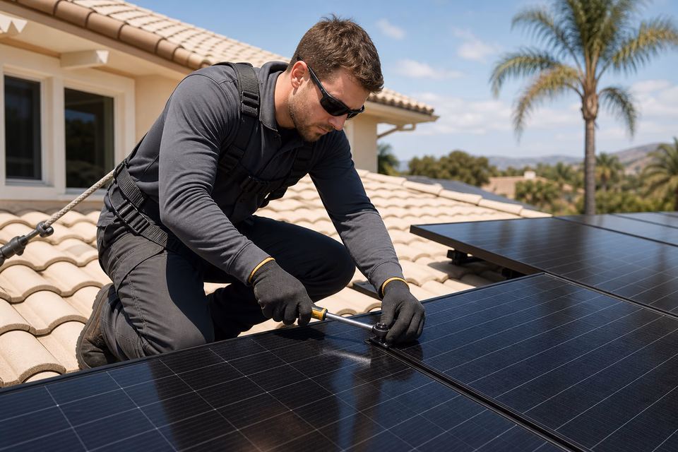 Solar installer fastening a black photovoltaic panel clamp on a cream tile roof