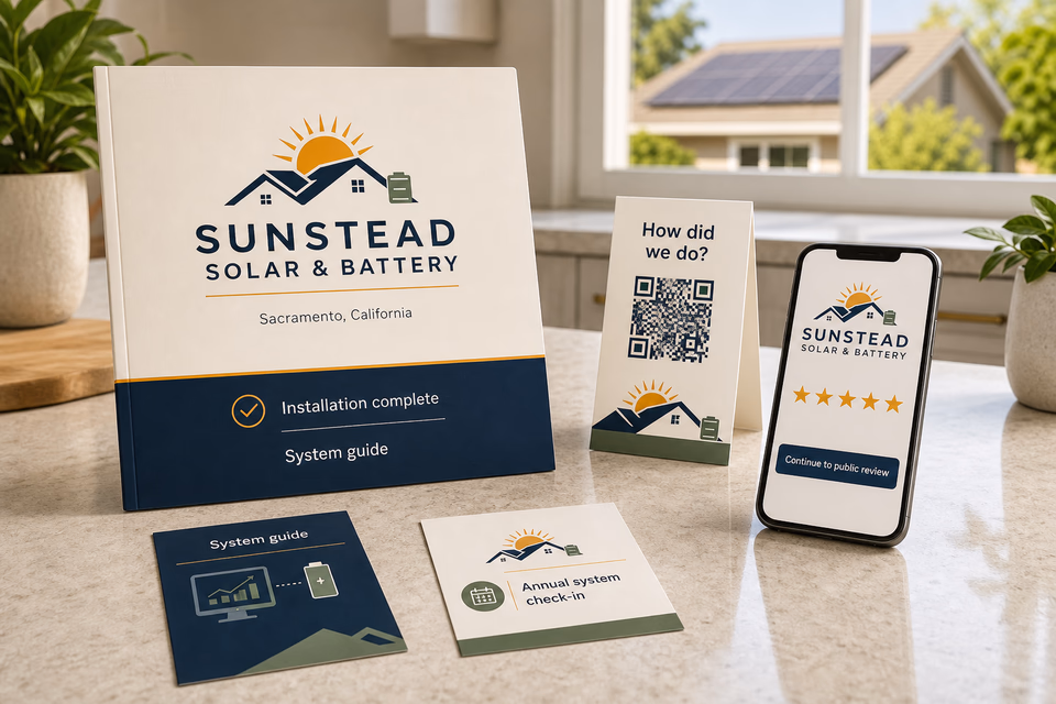 Sunstead Solar & Battery retention system showing the customer journey and the team's next action