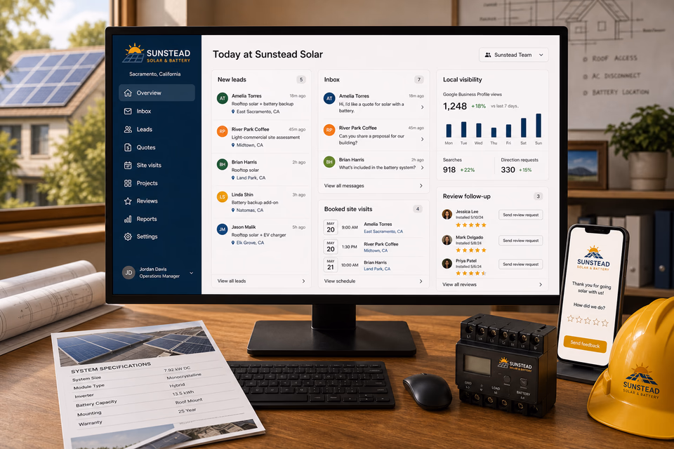 Sunstead Solar & Battery operations dashboard with current leads, scheduling, service activity, local visibility, and customer reviews