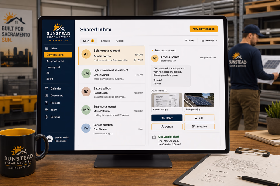 Sunstead Solar & Battery response system showing the customer journey and the team's next action