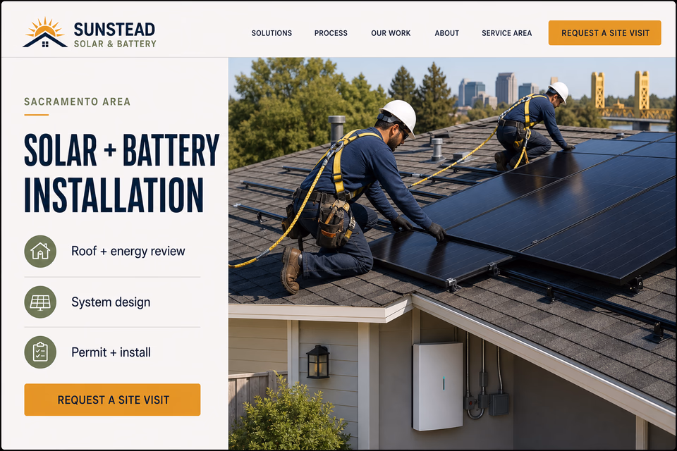 Sunstead Solar & Battery customer-facing service page with clear local service details, proof, and a direct request path