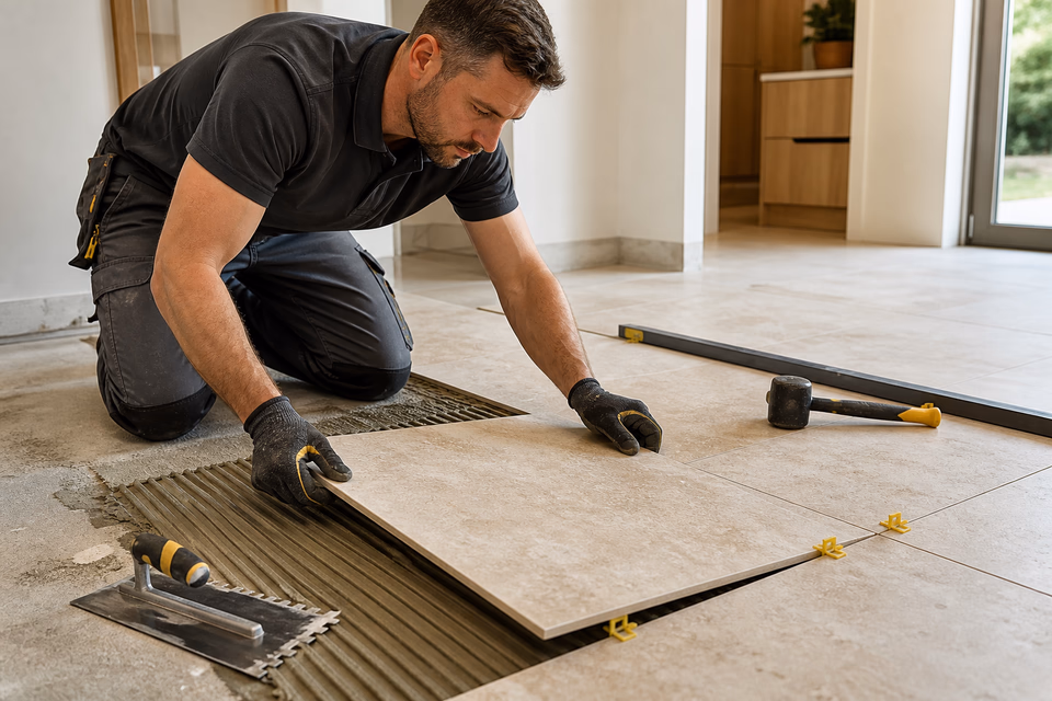 Tile setter placing a large cream stone-look floor tile into combed thinset