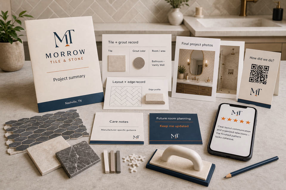 Morrow Tile & Stone retention system showing the customer journey and the team's next action
