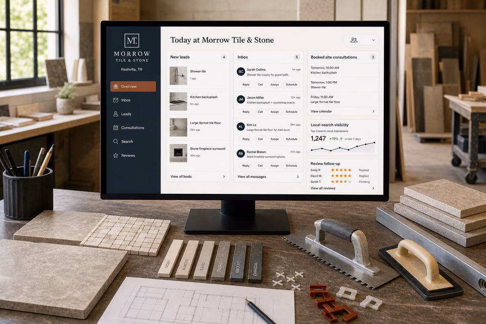 Morrow Tile & Stone operations dashboard with current leads, scheduling, service activity, local visibility, and customer reviews