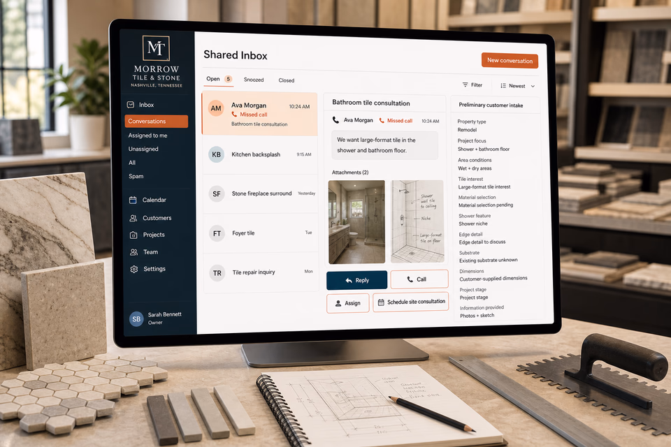 Morrow Tile & Stone response system showing the customer journey and the team's next action