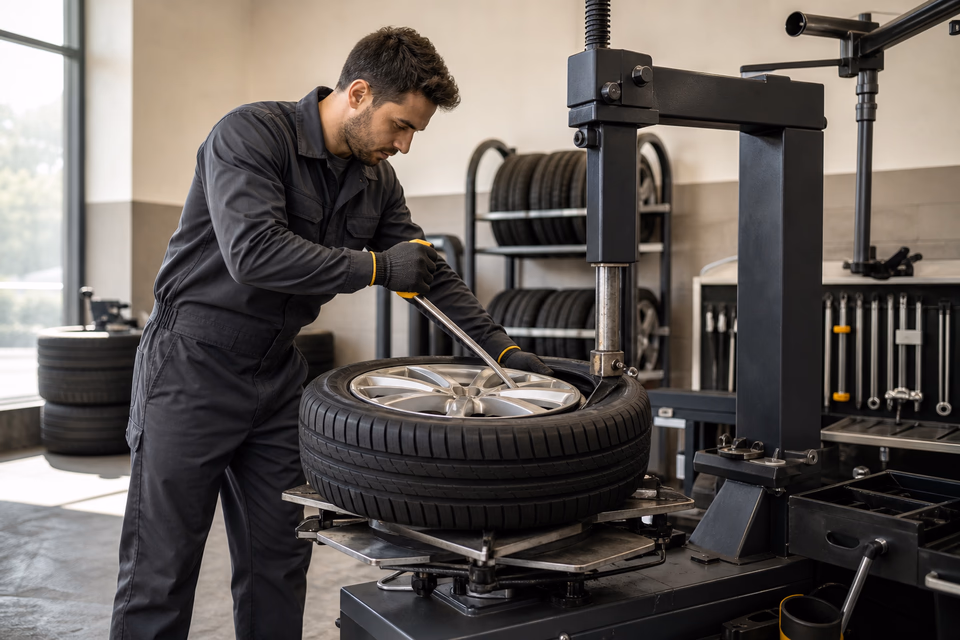 Tire technician mounting a blank-sidewall tire on an alloy wheel in a clean service bay