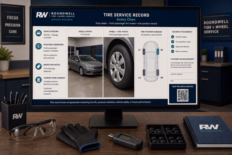 Roundwell Tire + Wheel Service retention system showing the customer journey and the team's next action