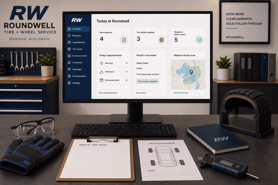 Roundwell Tire + Wheel Service operations dashboard with current leads, scheduling, service activity, local visibility, and customer reviews