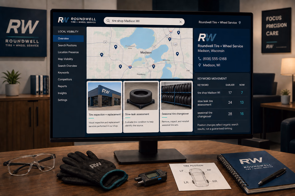 Roundwell Tire + Wheel Service visibility system showing the customer journey and the team's next action