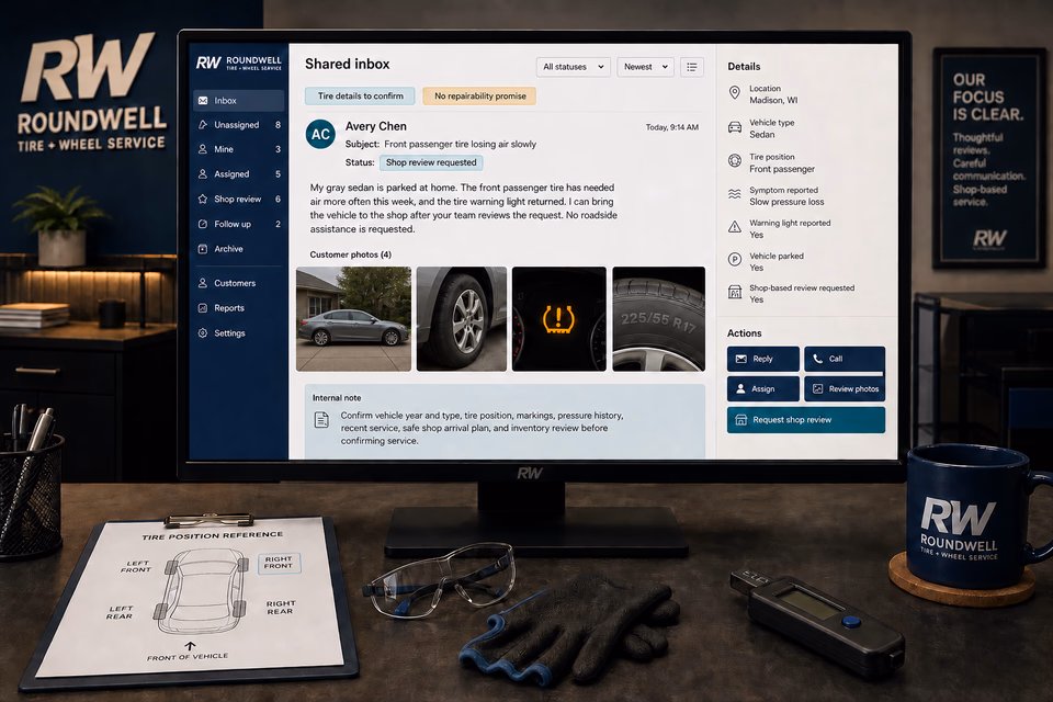 Roundwell Tire + Wheel Service response system showing the customer journey and the team's next action