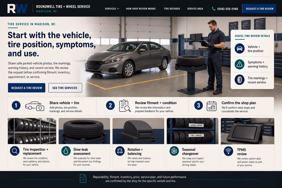 Roundwell Tire + Wheel Service customer-facing service page with clear local service details, proof, and a direct request path