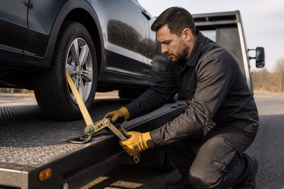 Tow operator securing a golden wheel strap to a vehicle on a charcoal flatbed