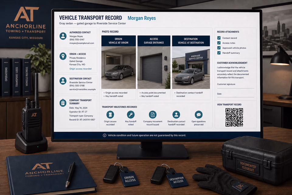 Anchorline Towing + Transport retention system showing the customer journey and the team's next action