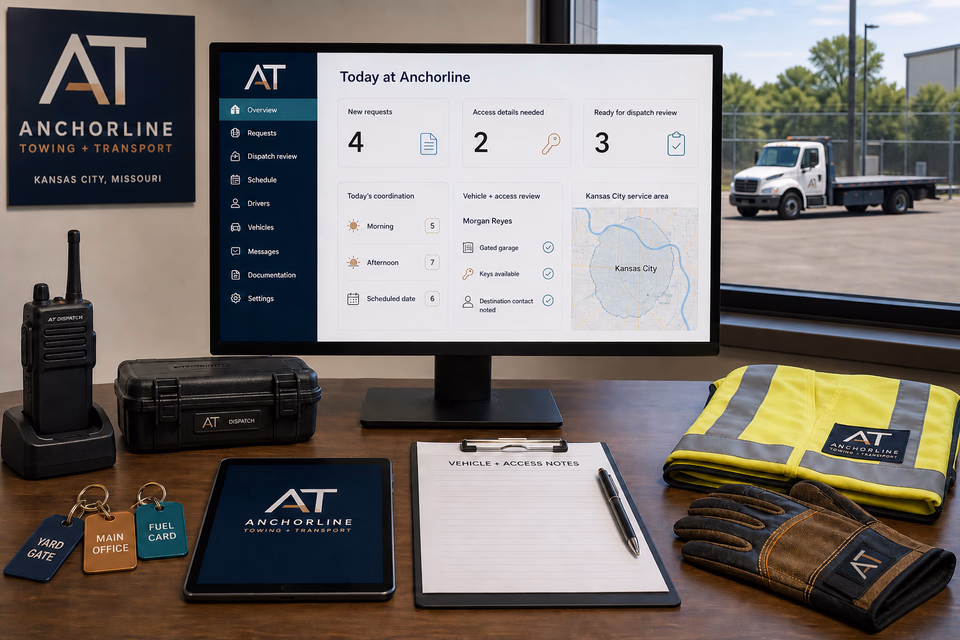 Anchorline Towing + Transport operations dashboard with current leads, scheduling, service activity, local visibility, and customer reviews