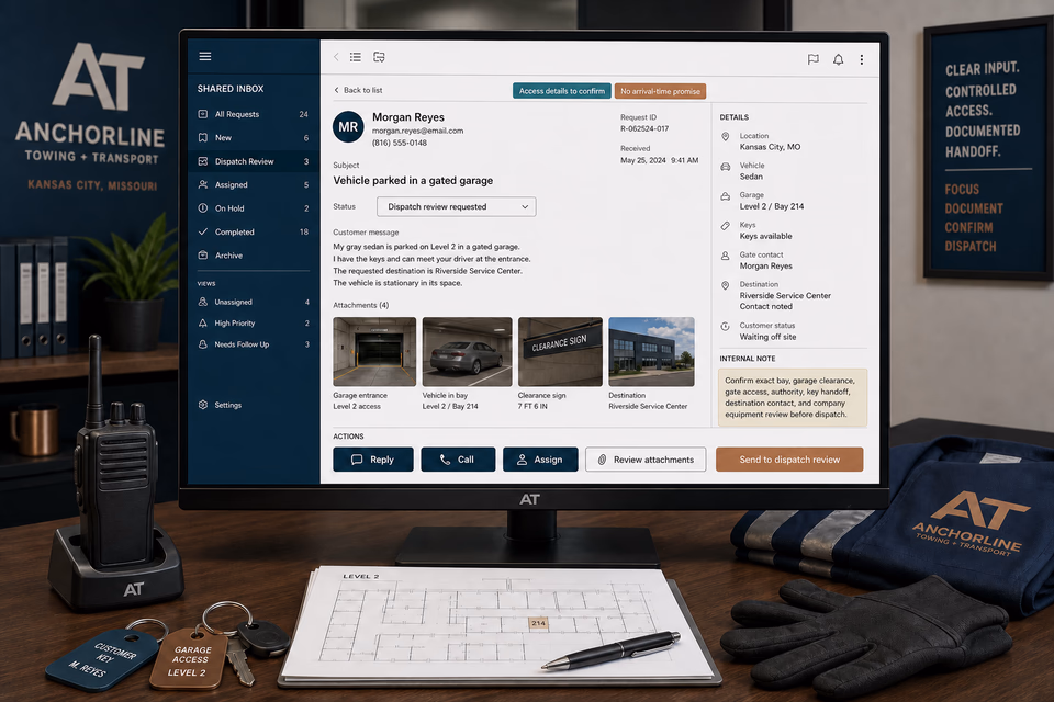 Anchorline Towing + Transport response system showing the customer journey and the team's next action