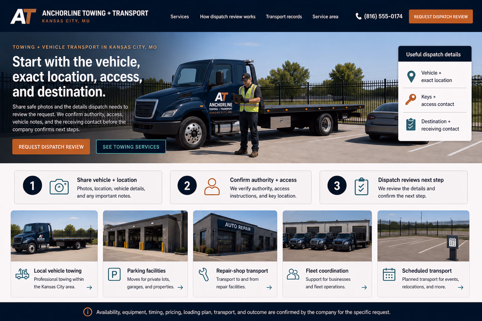 Anchorline Towing + Transport customer-facing service page with clear local service details, proof, and a direct request path