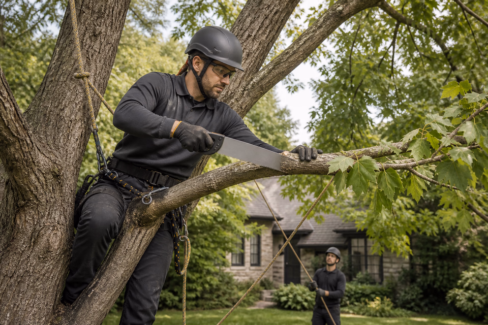 Secured arborist pruning a tree limb by hand while a ground worker manages the rope