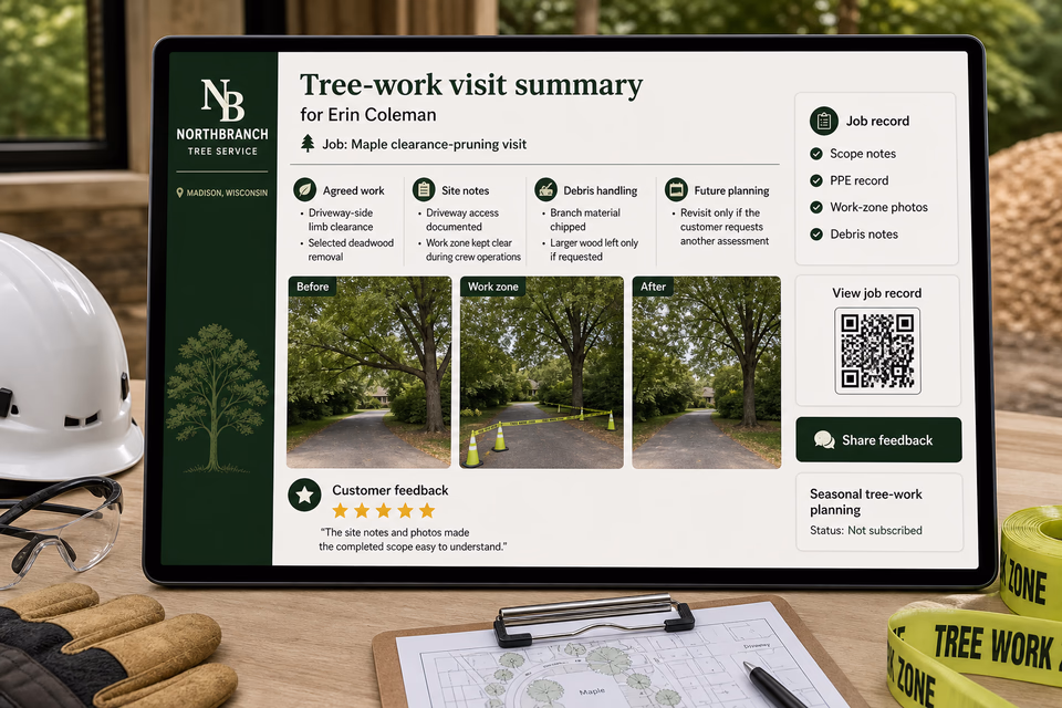 Northbranch Tree Service retention system showing the customer journey and the team's next action