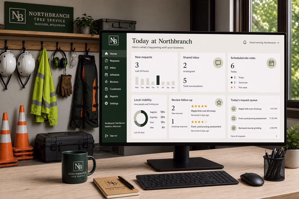 Northbranch Tree Service operations dashboard with current leads, scheduling, service activity, local visibility, and customer reviews