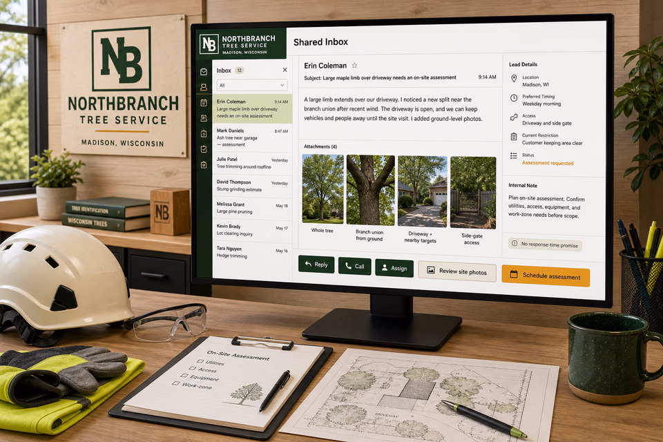 Northbranch Tree Service response system showing the customer journey and the team's next action