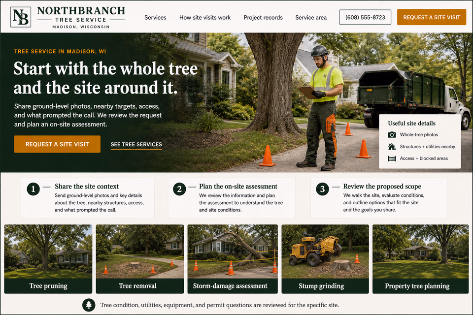 Northbranch Tree Service customer-facing service page with clear local service details, proof, and a direct request path