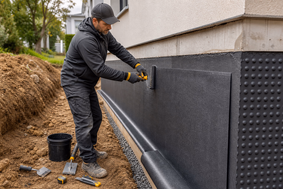 Waterproofing contractor rolling a charcoal membrane onto an exposed residential foundation wall