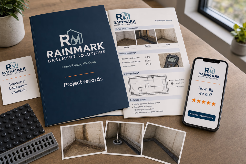 Rainmark Basement Solutions retention system showing the customer journey and the team's next action