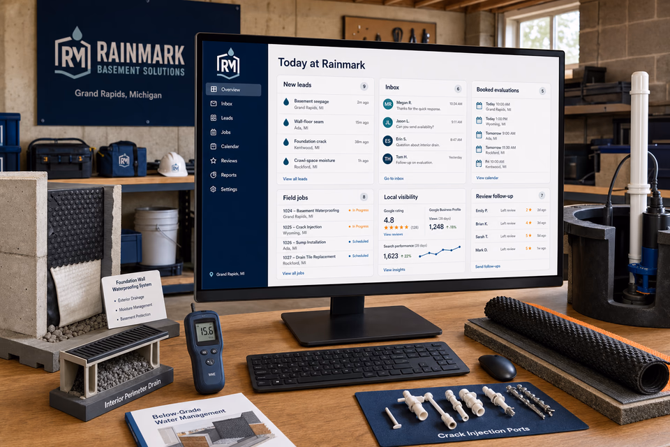 Rainmark Basement Solutions operations dashboard with current leads, scheduling, service activity, local visibility, and customer reviews