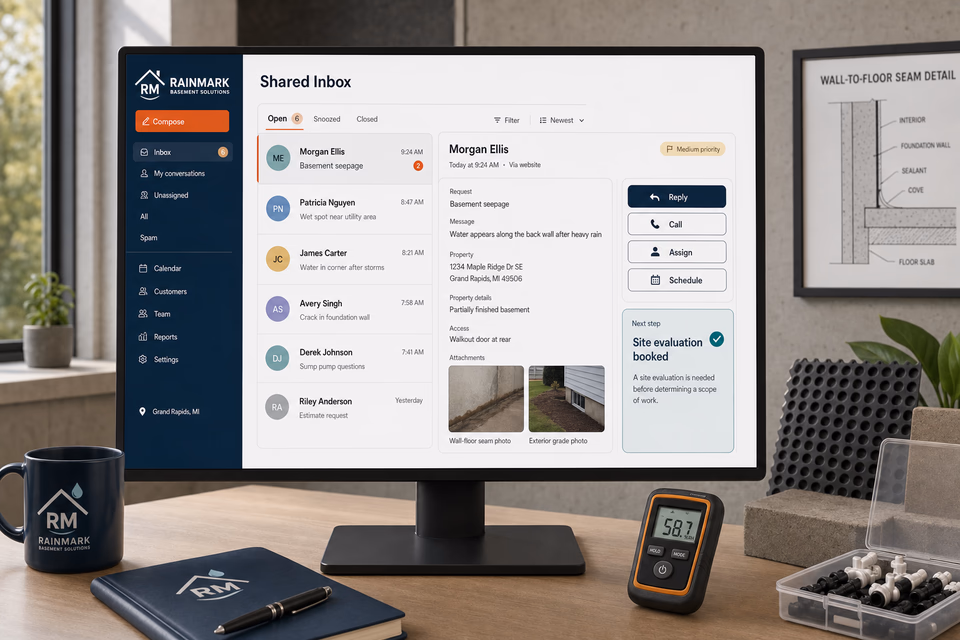 Rainmark Basement Solutions response system showing the customer journey and the team's next action