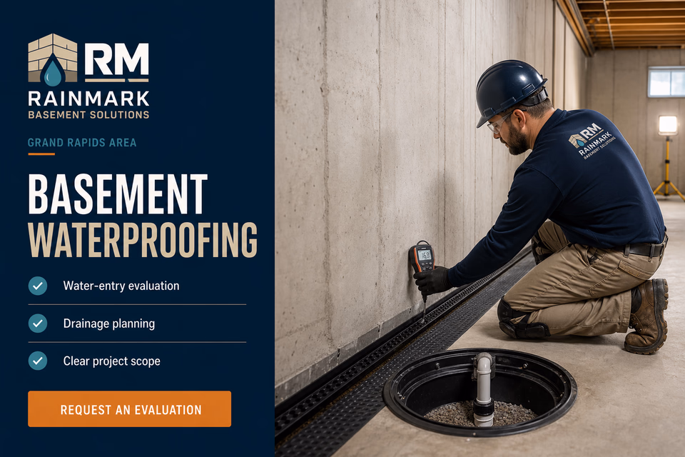 Rainmark Basement Solutions customer-facing service page with clear local service details, proof, and a direct request path