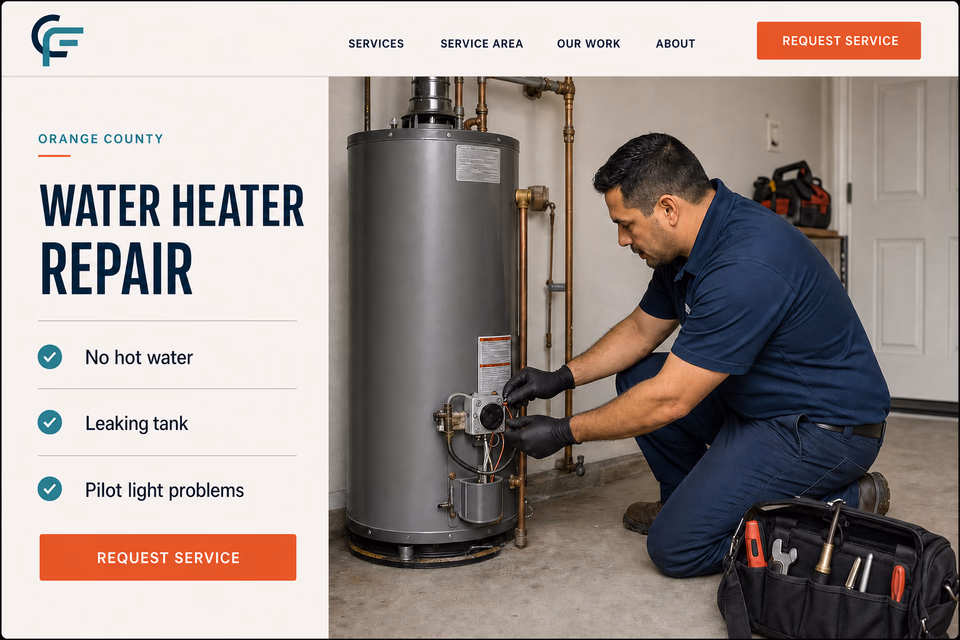 Canyon Flow Plumbing water heater repair page with useful service details and a clear request button