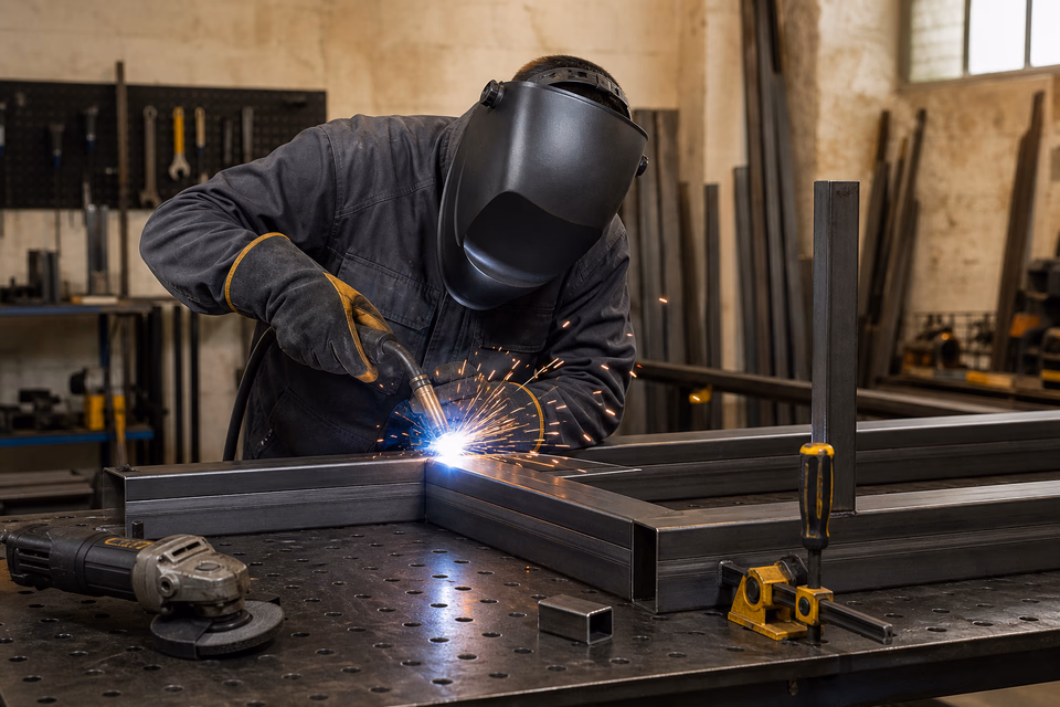 Welder making a clean bead along a square steel frame on a fabrication table