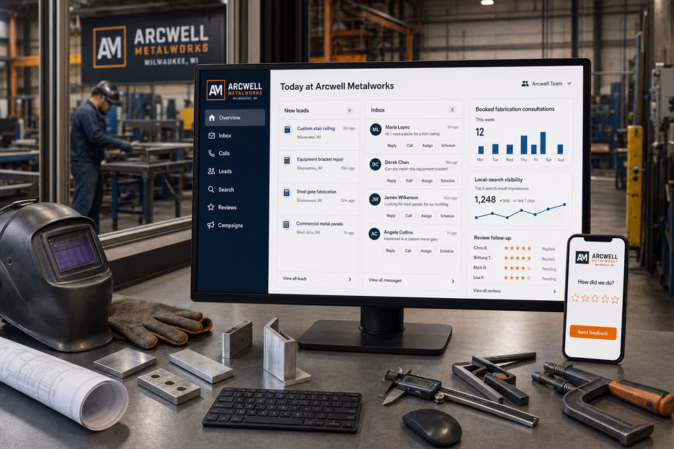 Arcwell Metalworks operations dashboard with current leads, scheduling, service activity, local visibility, and customer reviews