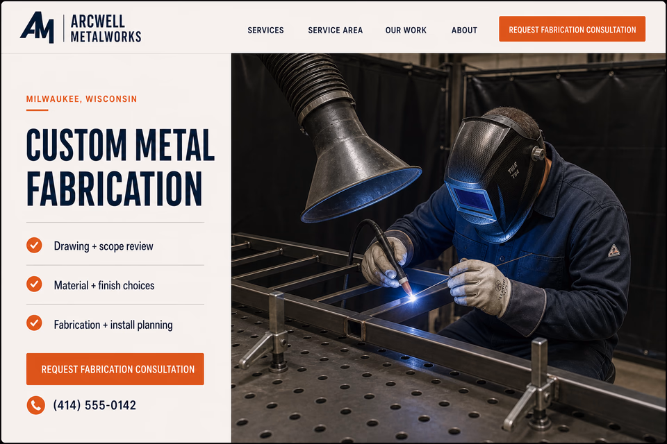 Arcwell Metalworks customer-facing service page with clear local service details, proof, and a direct request path