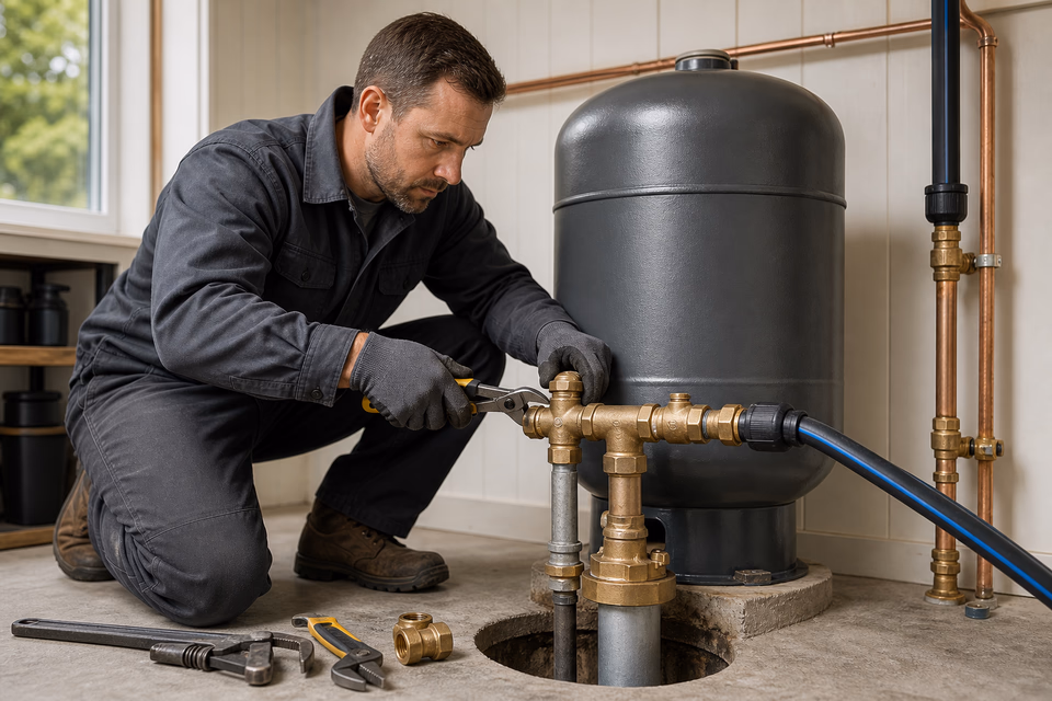 Well pump technician tightening a brass manifold beside a charcoal residential pressure tank