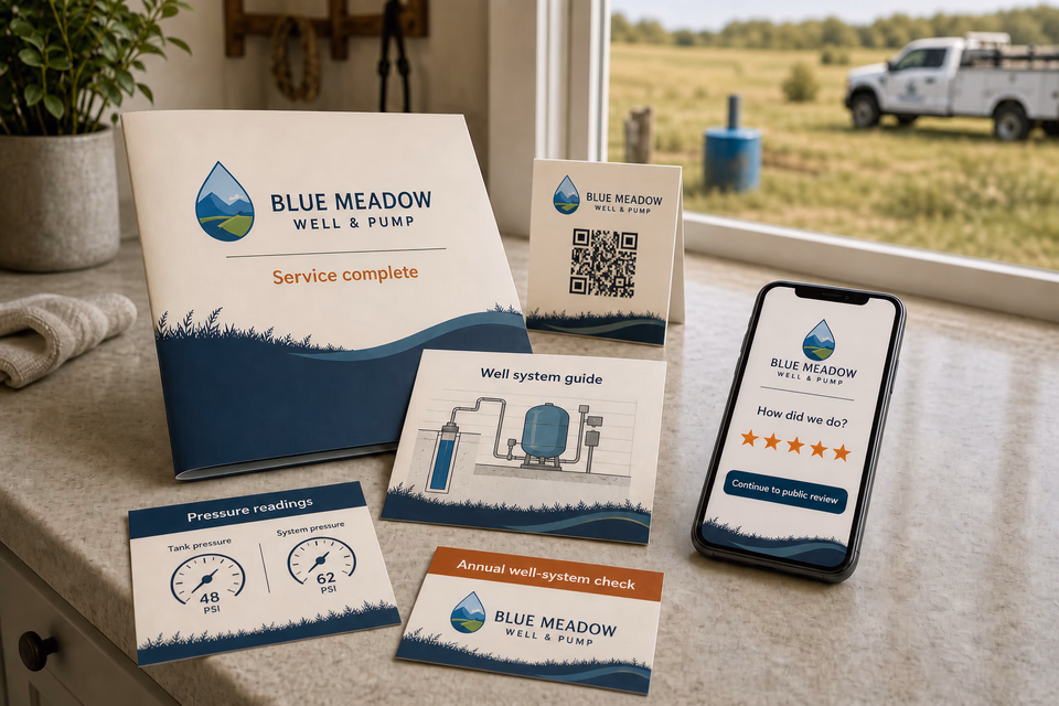 Blue Meadow Well & Pump retention system showing the customer journey and the team's next action