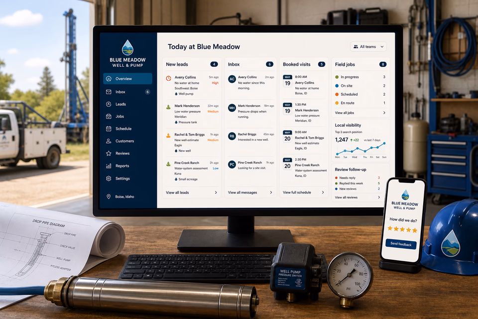 Blue Meadow Well & Pump operations dashboard with current leads, scheduling, service activity, local visibility, and customer reviews