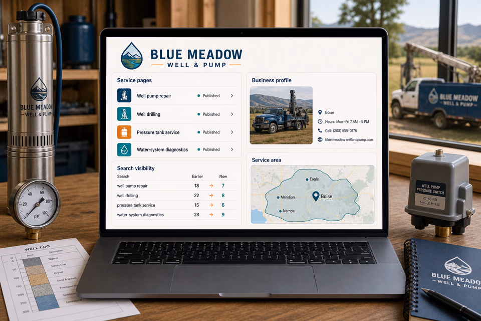 Blue Meadow Well & Pump visibility system showing the customer journey and the team's next action