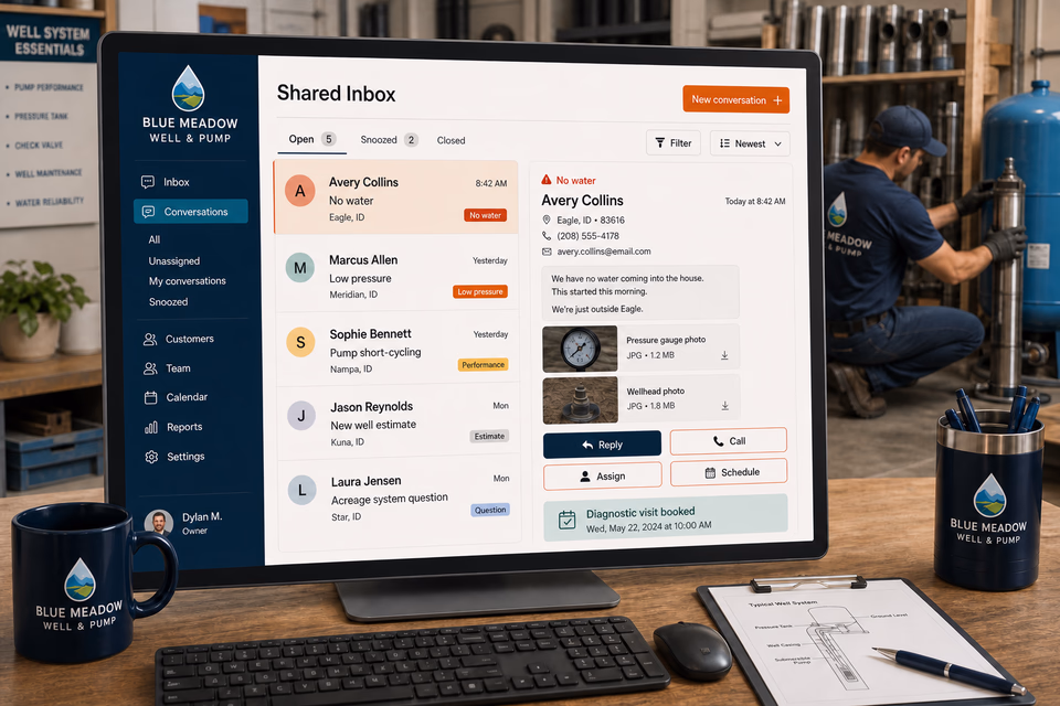 Blue Meadow Well & Pump response system showing the customer journey and the team's next action