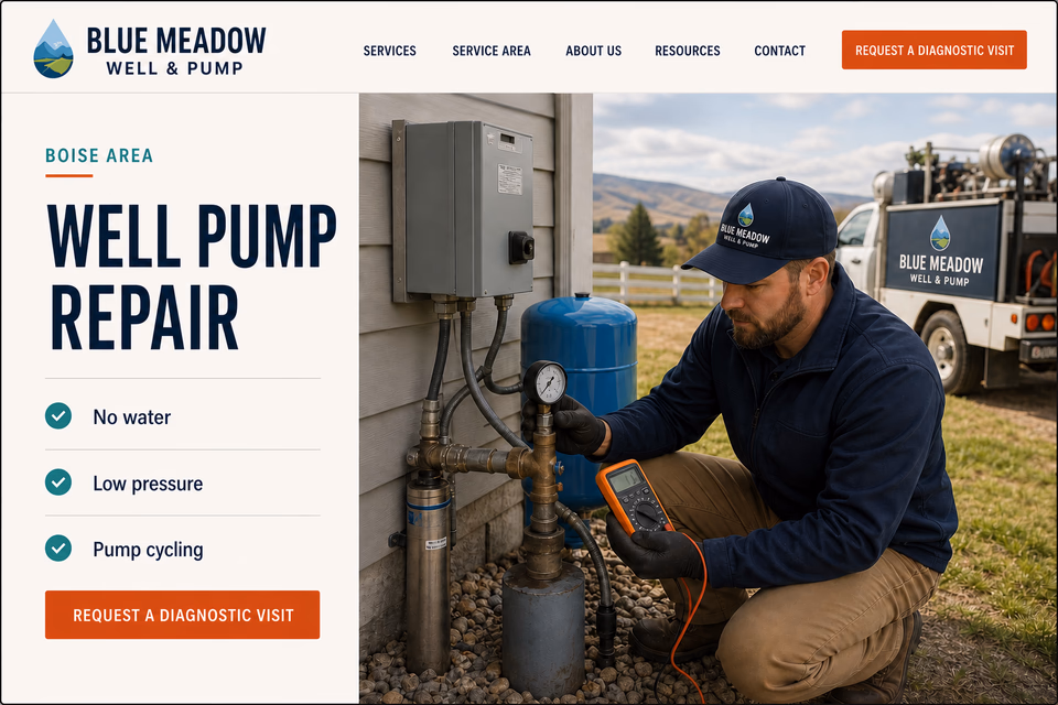 Blue Meadow Well & Pump customer-facing service page with clear local service details, proof, and a direct request path